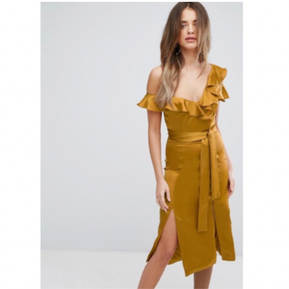 Gold Satin Asymmetric Frill Midi Dress